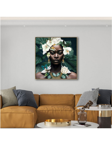 Tableau femme noire fleurie – Portrait exotique 100x100