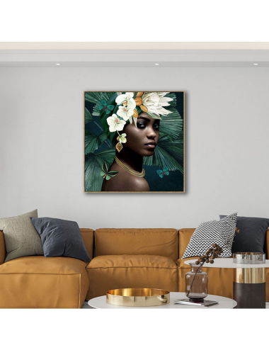 Tableau femme noire au turban vert – Portrait floral 100x100