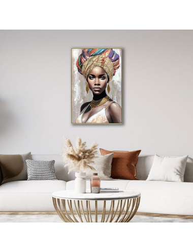Tableau portrait femme au turban doré et sequins – 60x80
