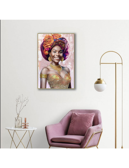 Tableau femme au turban fleuri doré – portrait 60x80