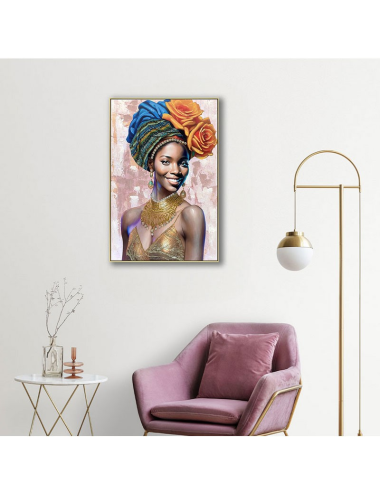 Tableau femme au turban bleu et roses dorées – 60x80 cm