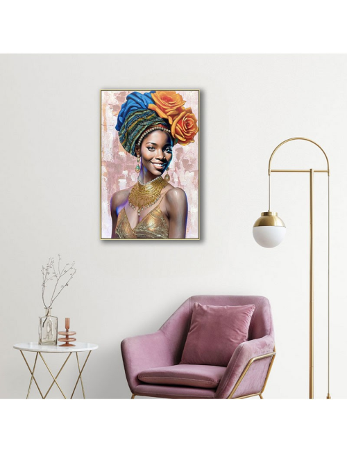Tableau femme au turban bleu et roses dorées – 60x80 cm
