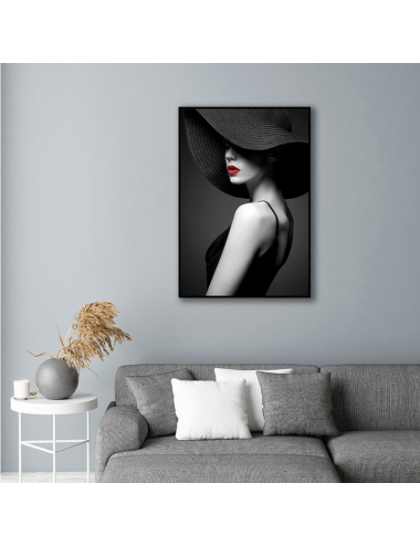 Tableau femme chapeau noir – toile brillante déco rétro chic