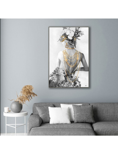 Tableau femme dos fleuri et bijoux dorés – 80x120 cm