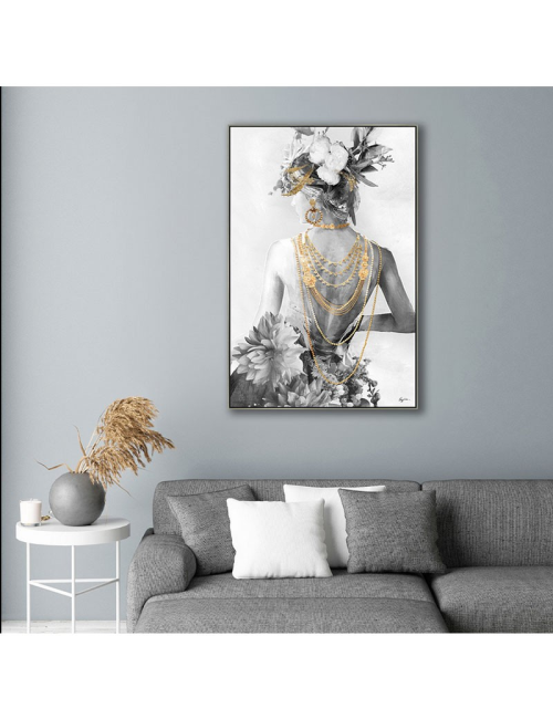 Tableau femme dos fleuri et bijoux dorés – 80x120 cm
