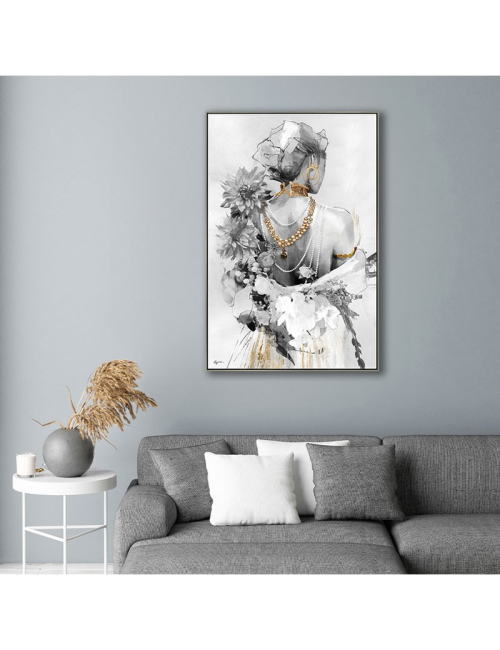 Tableau femme florale et perles dorées – toile 80x120 cm