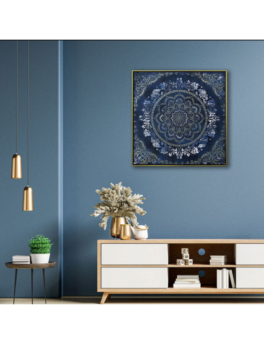 Tableau mandala bleu or argent – toile 80x80 encadrée