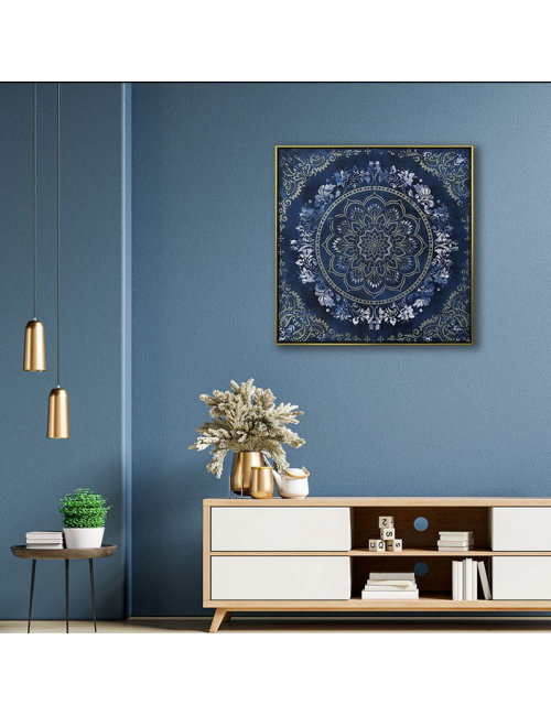 Tableau mandala bleu or argent – toile 80x80 encadrée