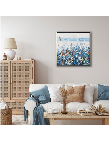 Tableau abstrait floral bleu cuivre – toile 60x60 encadrée