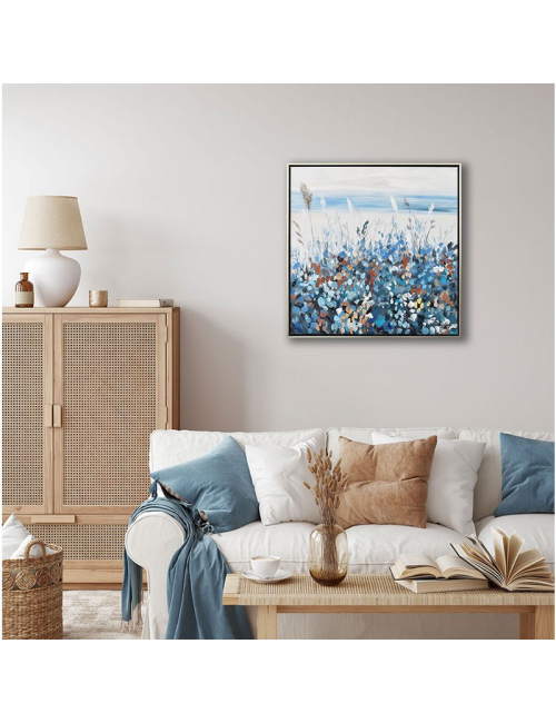 Tableau abstrait floral bleu cuivre – toile 60x60 encadrée