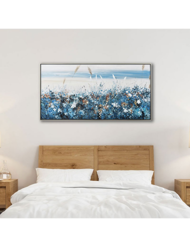 Tableau floral bleu sable – toile 70x140 encadrée moderne
