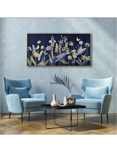 Tableau fleurs bleu nuit et doré – toile 70x140 encadrée