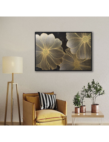 Tableau fleurs dorées sur fond noir – toile 80x120 encadrée