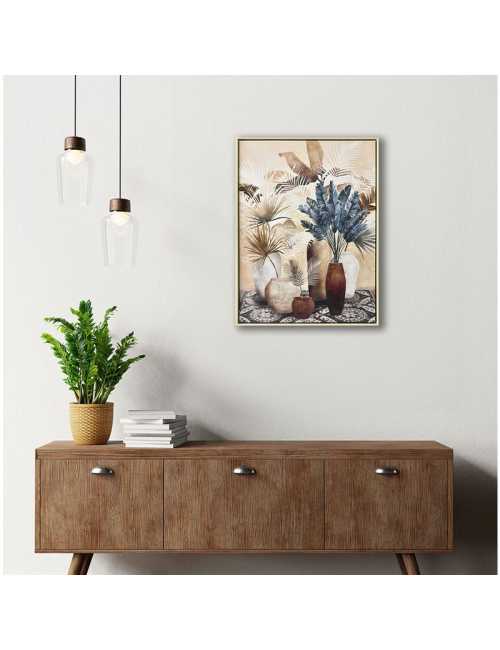 Tableau feuillages beige et bleu – style tropical encadré