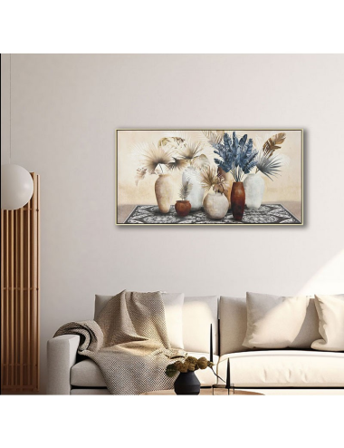 Tableau feuillages bleus et beige – toile 70x140 exotique encadré