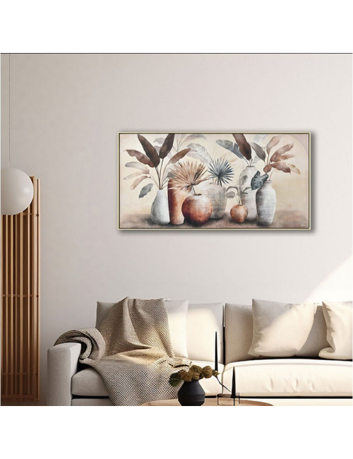 Tableau 70x140 cm feuillages bruns et bleus – vases décoratifs