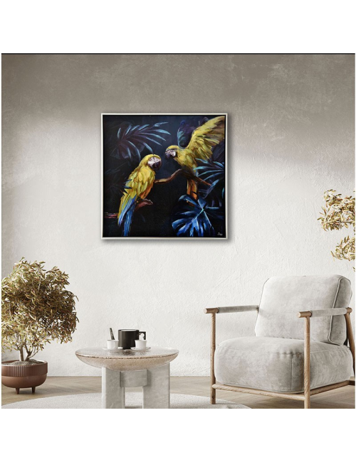 Tableau perroquets jaunes rétro – jungle tropicale 80x80 cm