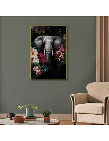 Tableau éléphant fleuri rétro – toile encadrée 80x120 cm