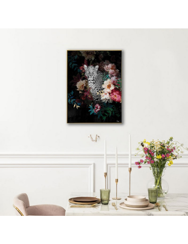 Tableau léopard fleuri rétro – toile encadrée 60x80 cm