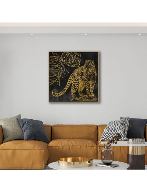 Tableau léopard doré rétro – fond noir 80x80 cm