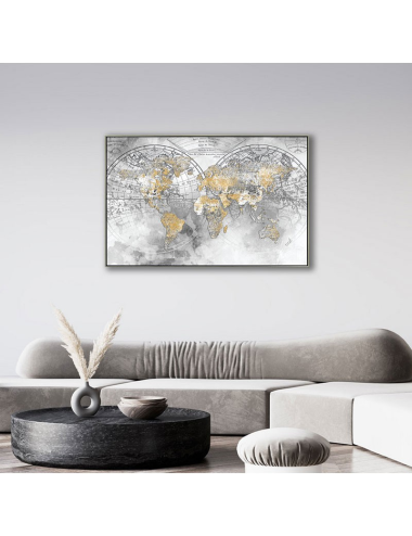Tableau carte du monde dorée 80x120 – toile déco murale chic