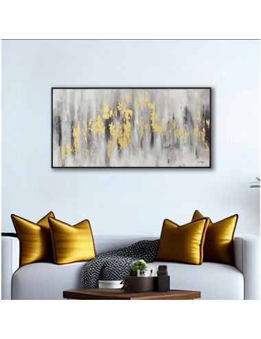 Tableau abstrait gris et or – Toile 70x140 cm encadrée