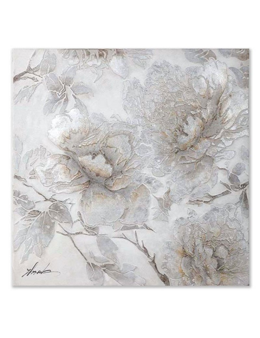 Tableau fleurs argentées 80x80 – élégance florale et relief subtil