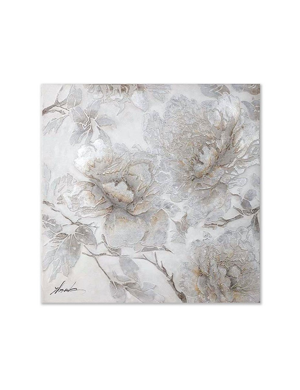 Tableau fleurs argentées 80x80 – élégance florale et relief subtil