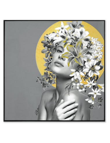 Tableau 100x100 femme fleurie or – déco contemporaine