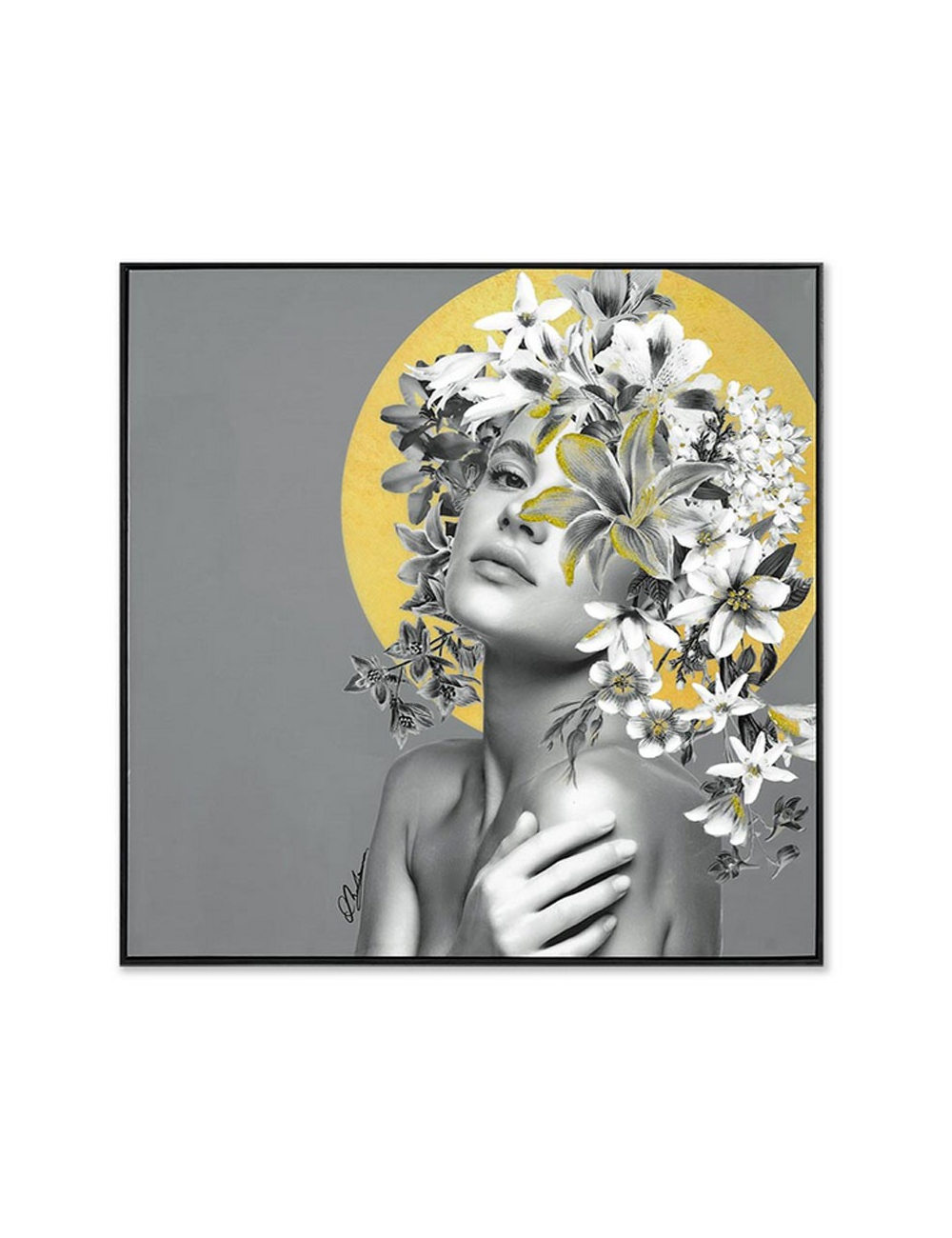 Tableau 100x100 femme fleurie or – déco contemporaine