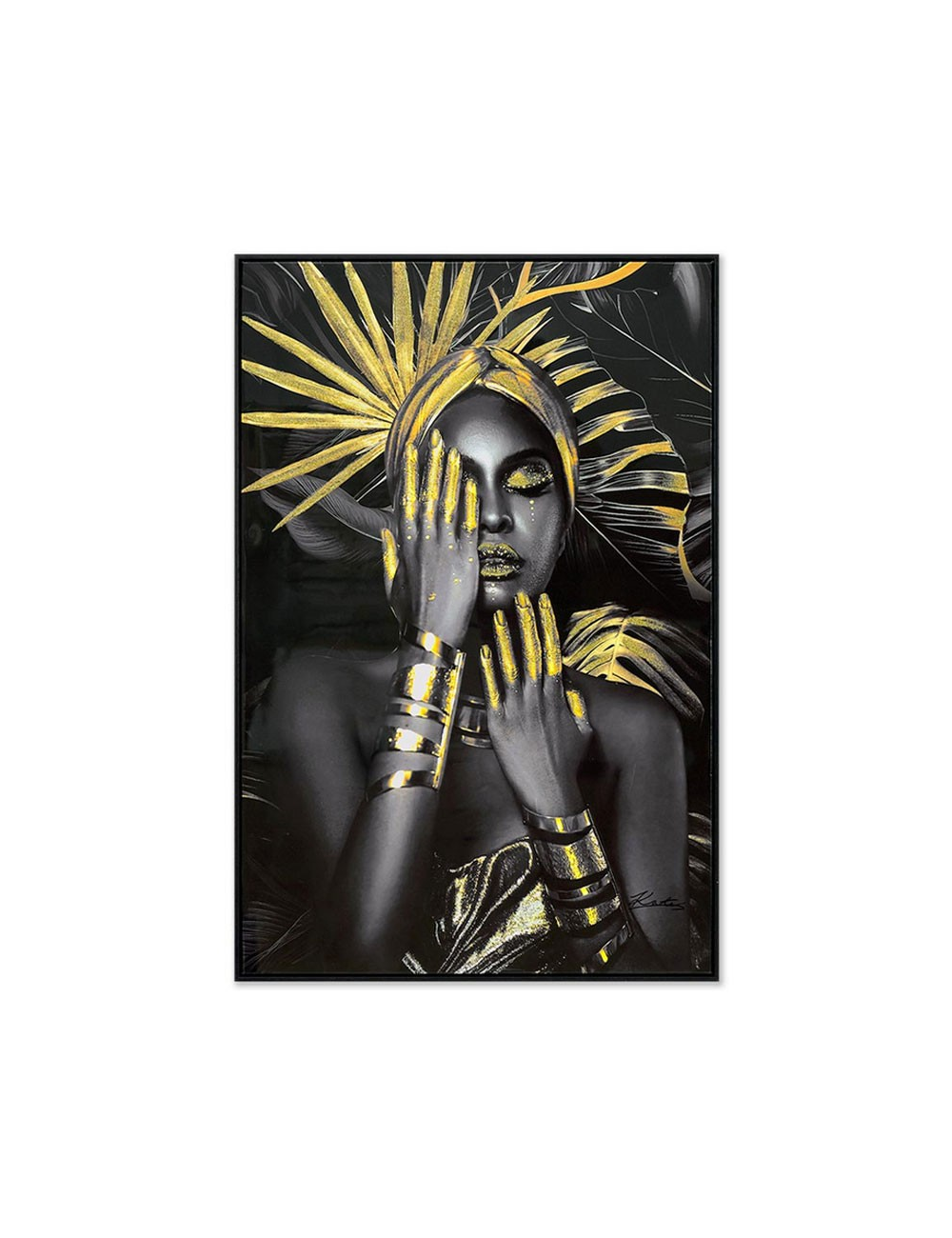 Tableau femme noire dorée 80x120 – art mural chic