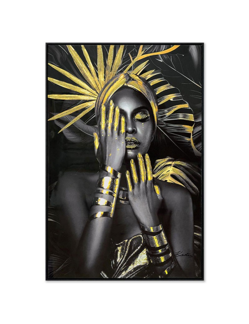 Tableau femme noire dorée 80x120 – art mural chic