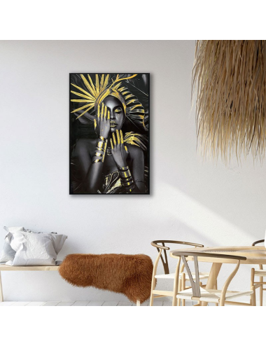 Tableau femme noire dorée 80x120 – art mural chic