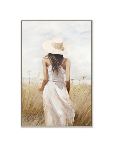 Tableau femme chapeau dans les blés 80x120 – déco murale douce