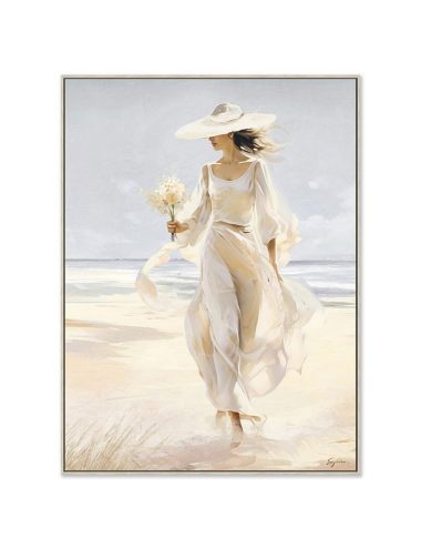 Tableau femme à la plage 60x80 – robe blanche et bouquet