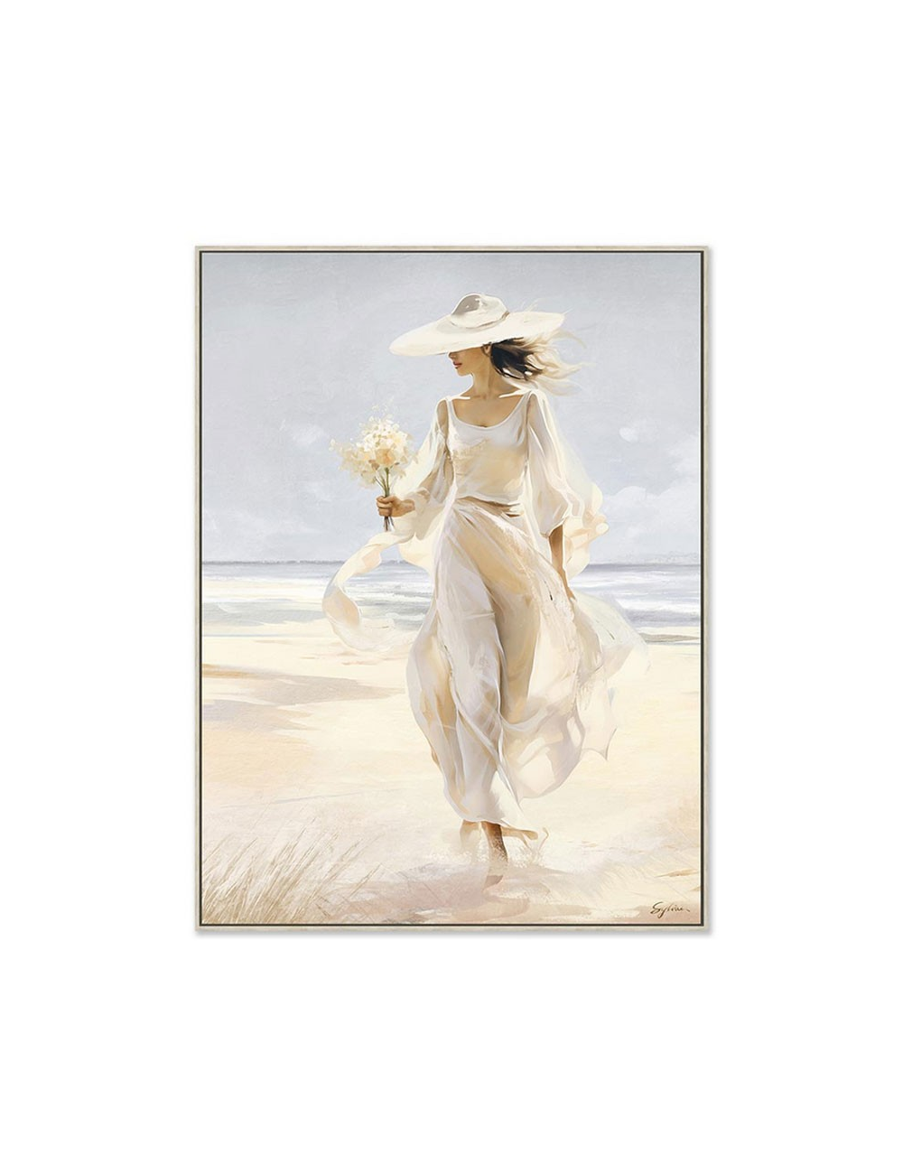 Tableau femme à la plage 60x80 – robe blanche et bouquet