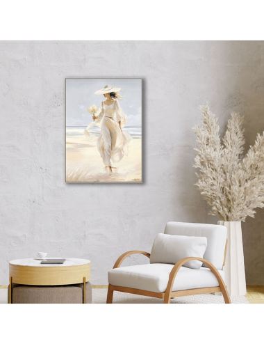 Tableau femme à la plage 60x80 – robe blanche et bouquet