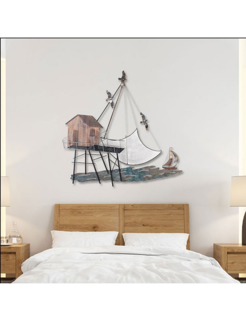 "Cabane tchanquée et filet de pêche", déco murale métal mer