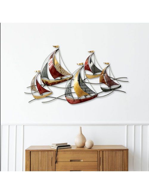 Sculpture murale voiliers métal rouge et or – décoration murale marine