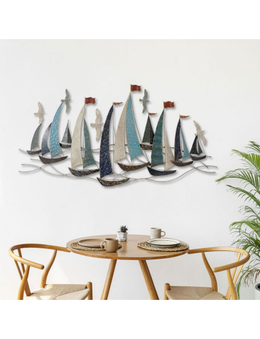 Décoration murale voiliers en métal bleu et argent