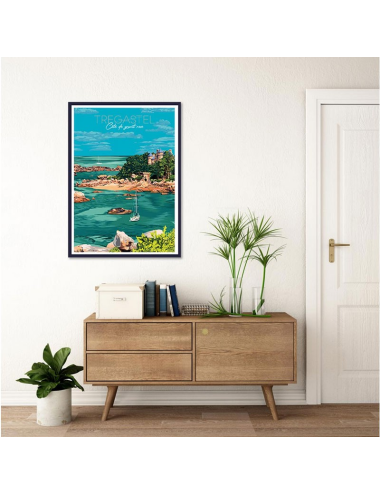 Affiche vintage encadrée de Trégastel avec mer, voilier et granit rose