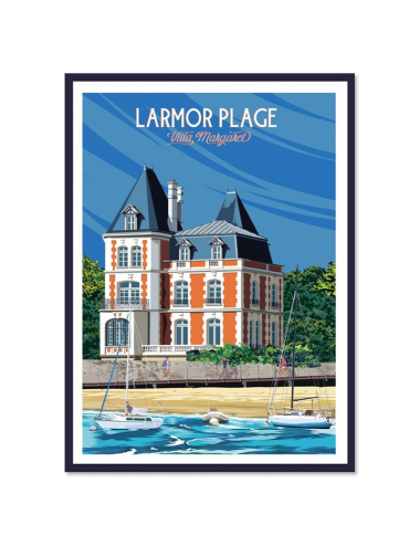 Affiche vintage encadrée de Larmor-Plage avec Villa Margaret et voiliers