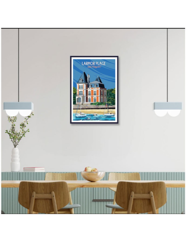 Affiche vintage encadrée de Larmor-Plage avec Villa Margaret et voiliers