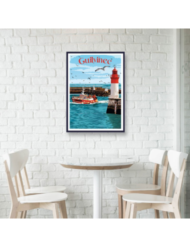 Affiche vintage Guilvinec – Phare et bateau de pêche en Bretagne