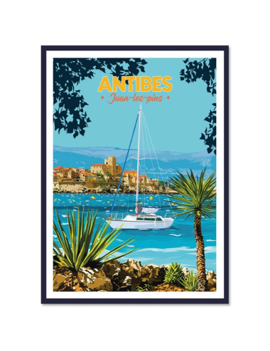Affiche vintage encadrée d’Antibes Juan-les-Pins avec voilier et palmiers