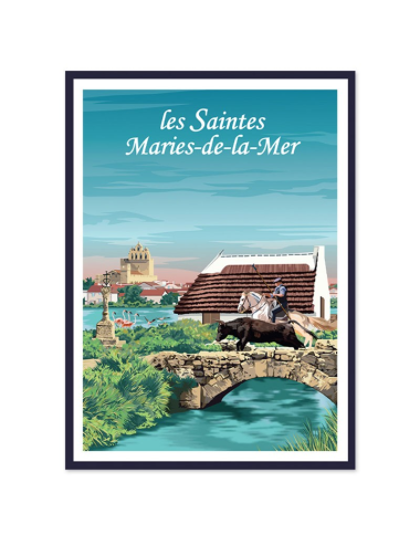 Affiche vintage encadrée des Saintes-Maries-de-la-Mer avec gardian et cabane