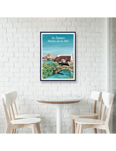 Affiche vintage encadrée des Saintes-Maries-de-la-Mer avec gardian et cabane