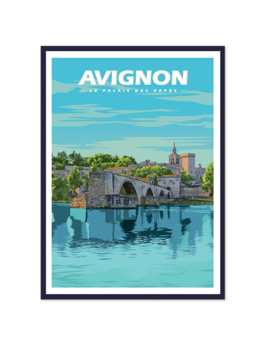 Affiche vintage encadrée d’Avignon avec pont Saint-Bénézet et Palais des Papes