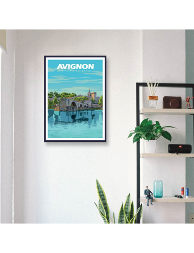Affiche vintage encadrée d’Avignon avec pont Saint-Bénézet et Palais des Papes