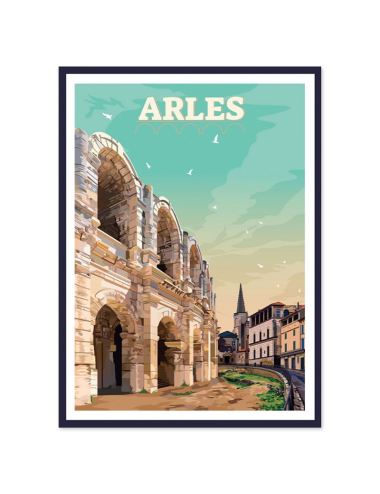 Affiche vintage encadrée d’Arles avec arènes romaines et ville provençale